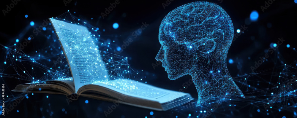Poster digital human head composed of connecting dots and lines processing legal document with data and net