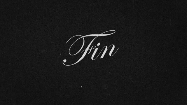 Fin ( translation: French ) text writing 4K video animation black grain background