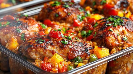 Enjoy the preparation of succulent herb-marinated chicken, served with vibrant vegetables and rice, showcasing a flavorful and appealing meal ready for sharing.