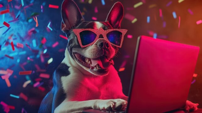joyful boston terrier wearing starshaped sunglasses gleefully typing on a retrofuturistic holographic laptop colorful digital confetti and binary code rain down in the background
