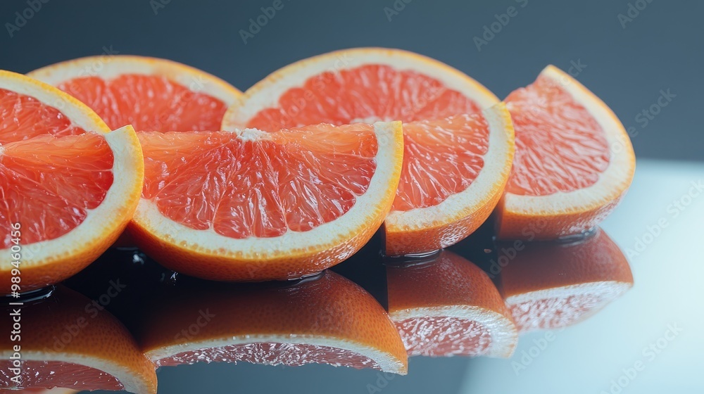 Poster grapefruit slices arranged on a mirrored surface creating an interesting reflection space available 