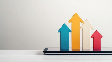 Digital tablet displaying real estate market forecast with rising property values, futuristic data visualization, investment growth, market predictions