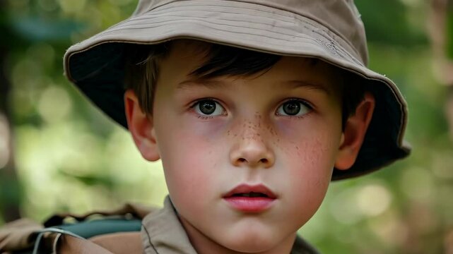 A young boy wearing a hat and backpack is looking at the camera, 4k footage