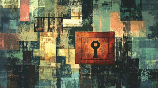 Exploring the depths of abstract art featuring a keyhole amid vibrant textured squares