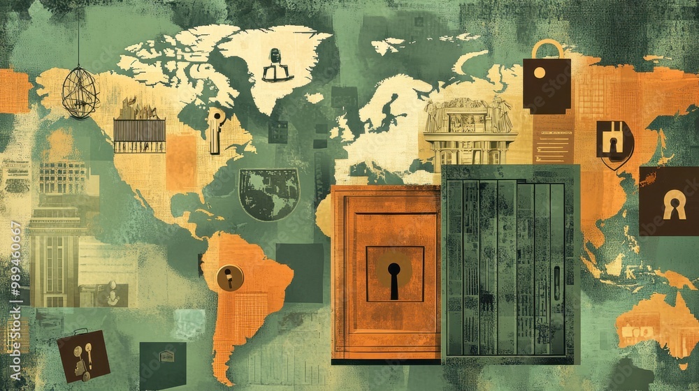 Poster exploring the intricate connections of security and access across the globe through a vivid map illu