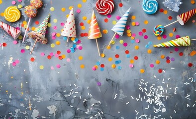 Obraz premium Carnival Party Banner With Confetti, Lollipops & Hats