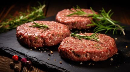 Three seasoned raw meat patties garnished with fresh herbs and spices rest on a dark slate, ready for grilling.