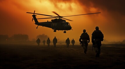 Soldiers walk through a misty field as a helicopter hovers against an orange sky, creating a dramatic and intense atmosphere.