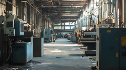 An American factory floor empty and abandoned machinery covered in dust.