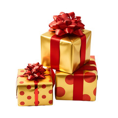 Obraz premium Different gold and red Christmas gift boxes stacked on a white background 