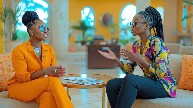 In a vibrant lounge, two women share insights and ideas while seated comfortably. Their discussion highlights empowering topics relevant to their professional journey.