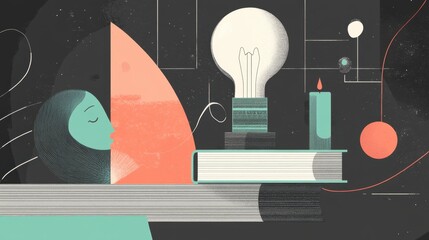 Obraz premium A surreal blend of creativity and inspiration featuring a woman, a lightbulb, and books in a dreamlike setting