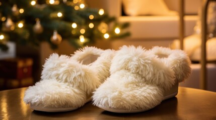 Cozy white fluffy slippers sit on a wooden table in a warmly lit room with a glowing Christmas tree in the background, evoking holiday spirit and warmth.