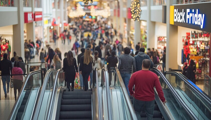 Shoppers riding escalators in a crowded mall during black friday