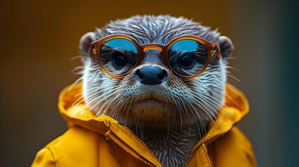 Fototapeta premium Otter Wearing Sunglasses in a Yellow Raincoat Illustration