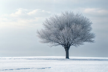 Solitary tree covered in frost standing in a vast snowy landscape under a soft winter sky, evoking peace and tranquility..