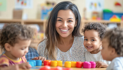 Happy kindergarten teacher playing with children in daycare
