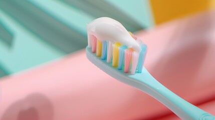 New toothbrush with toothpaste close-up on pastel background