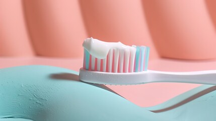 New toothbrush with toothpaste close-up on pastel background