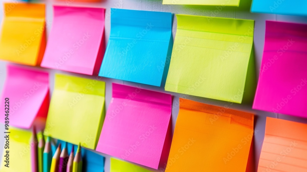 Poster the image depicts a collection of colorful blanc empty sticky notes attached to a wall or board.