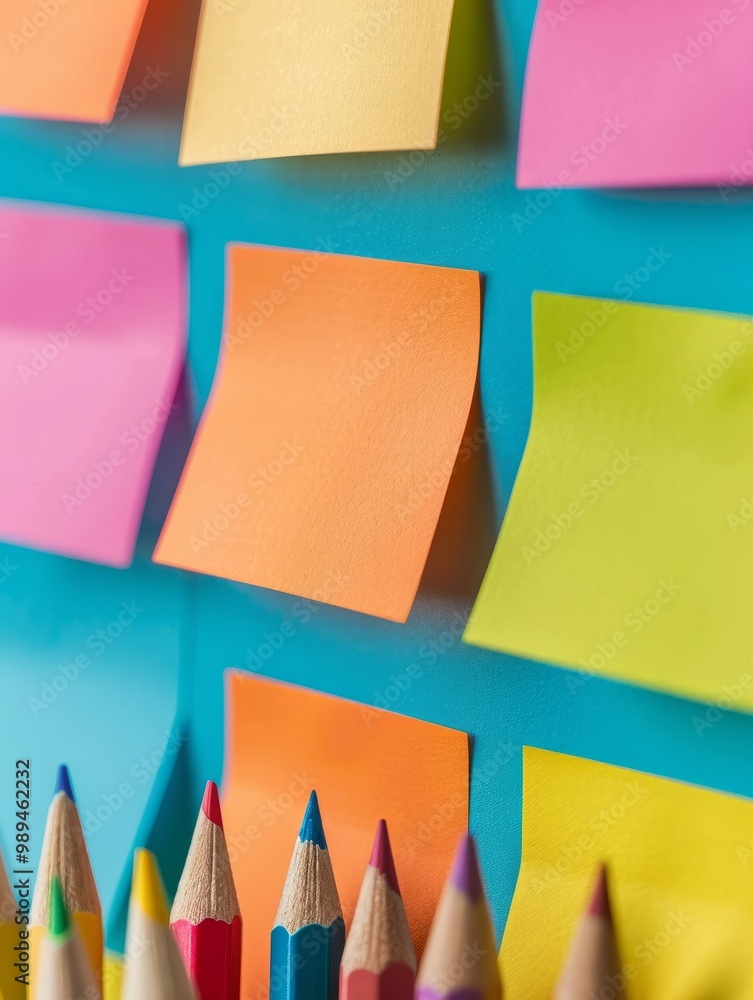 Poster the image depicts a collection of colorful blanc empty sticky notes attached to a wall or board.