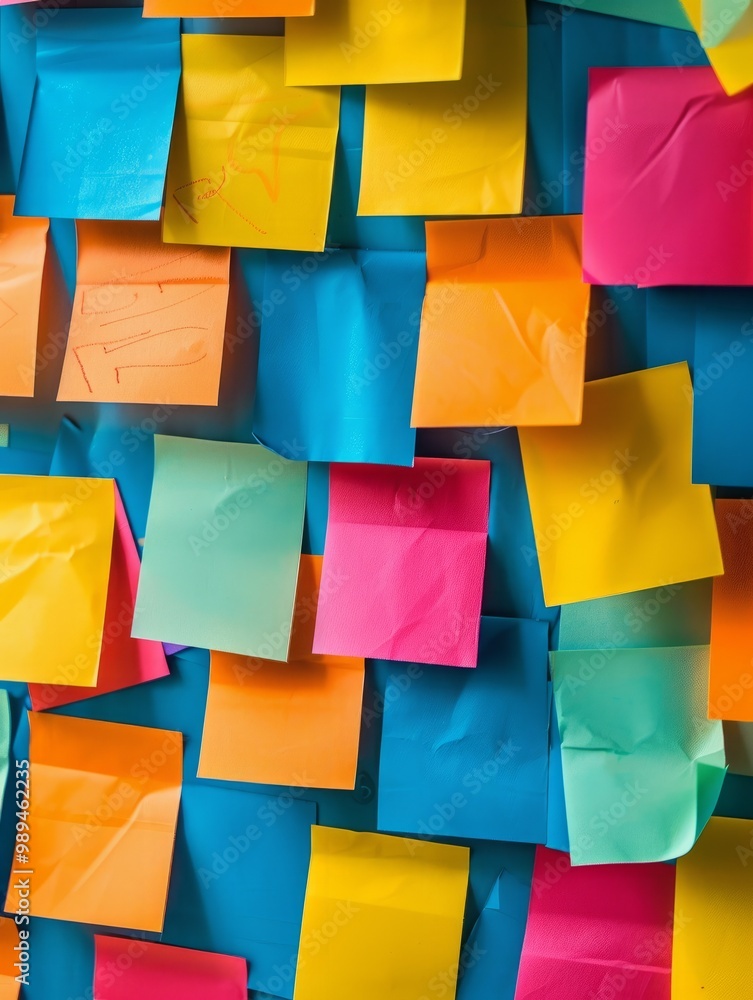 Poster the image depicts a collection of colorful blanc empty sticky notes attached to a wall or board.