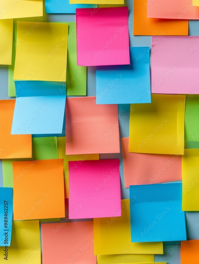 Poster the image depicts a collection of colorful blanc empty sticky notes attached to a wall or board.