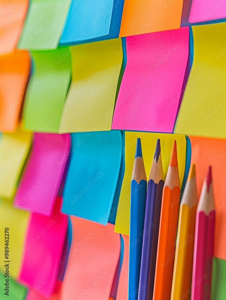 Poster the image depicts a collection of colorful blanc empty sticky notes attached to a wall or board.