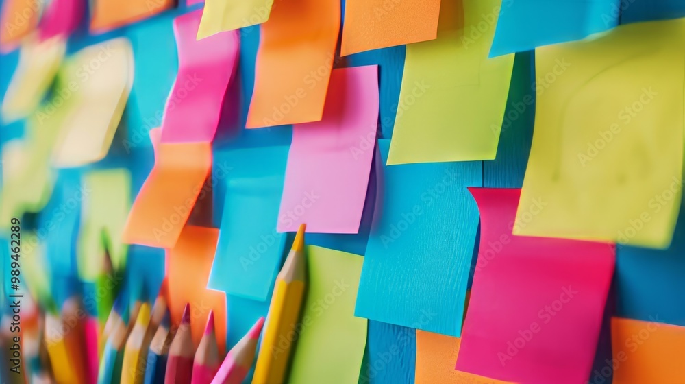 Poster the image depicts a collection of colorful blanc empty sticky notes attached to a wall or board.