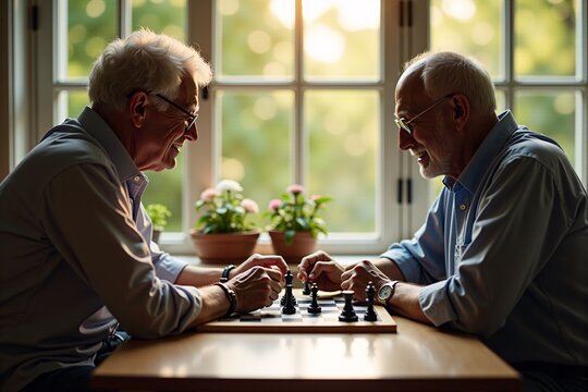 Senior man playing chess with a_ riend in a bright sunroom