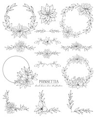 Line art Christmas Poinsettia wreaths, floral corners and dividers, line art drawing, botanical vector illustration, floral border set