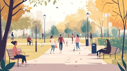 A vibrant autumn day in the park with people strolling, sitting, and enjoying nature\'s beauty amidst colorful foliage