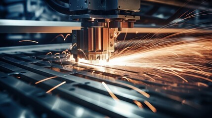A powerful laser cutting machine in action, emitting bright sparks as it cuts through metal in a high-tech industrial setting.