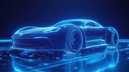 Frontside Futuristic AR car wireframe concept, generative ai, Augmented reality wireframe of car concept with blue background