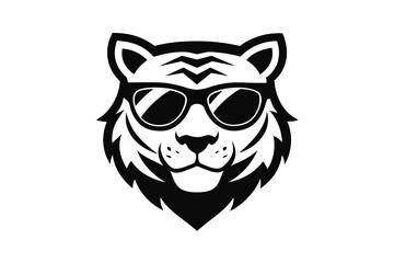 A Tiger head logo with sunglass silhouette, simple vector outline, on a white background  vector art illustration