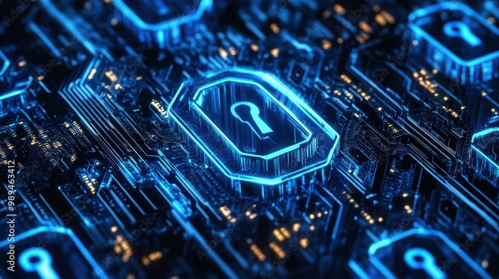 Aufkleber illuminated digital circuitry featuring a glowing padlock symbol representing cybersecurity technolo