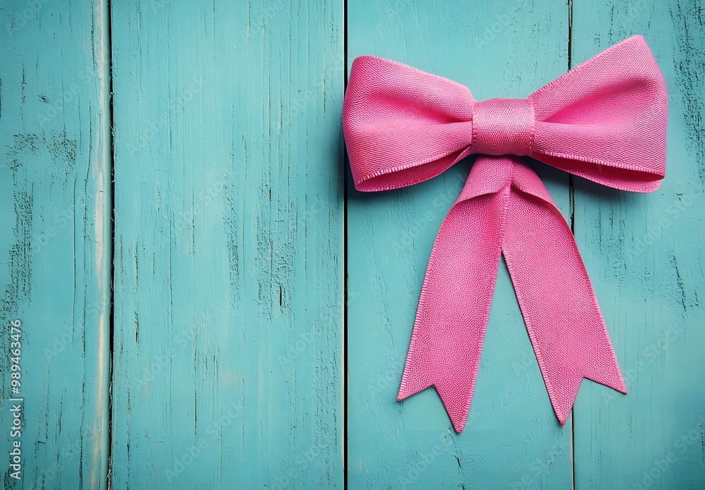 Wall mural Pink Ribbon Bow on Aqua Blue Wooden Background