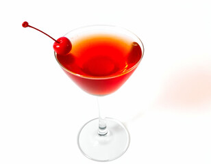 A red cocktail in a martini glass, garnished with a maraschino cherry on a toothpick.  whiskey-based cocktail, with a deep red color and amber hues, white background