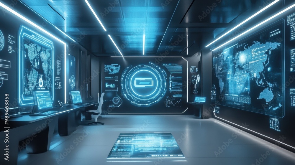 Poster futuristic control room filled with digital interfaces and glowing screens showcasing global network