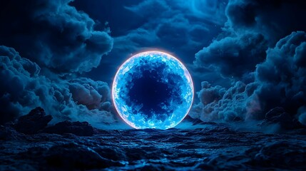 Fototapeta premium Blue Planet Rising Over Dramatic Landscape with Clouds and Stars