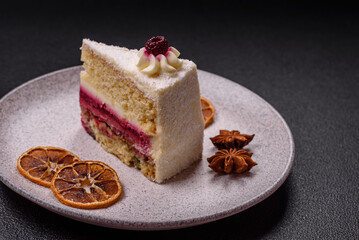 Sweet delicious cake with a layer of raspberry jam