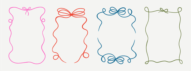 Set of elegant whimsical hand-drawn pink blue orange green color frames with wavy squiggle curly ribbons in trendy, vintage styles. Perfect for quirky holiday, wedding, birthday gift decorations