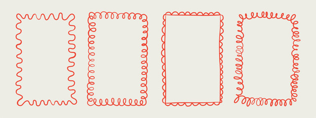 Set of elegant whimsical hand-drawn pink blue orange green color frames with wavy squiggle curly ribbons in trendy, vintage styles. Perfect for quirky holiday, wedding, birthday gift decorations