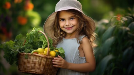 A joyful girl wearing a sun hat holds a basket filled with freshly picked vegetables, standing amidst lush greenery and colorful flowers, radiating happiness.