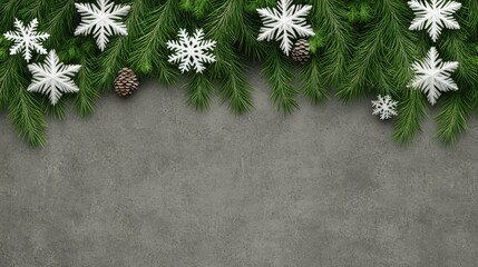 Celebrate the season with a stunning Christmas garland featuring pine branches, fir cones, snowflakes, and ornaments on a dark backdrop