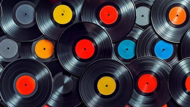 Spinning collection of colorful vinyl records in a vintage style