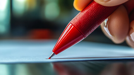 Close-up of Hand Holding Red Marker Correcting Document Error in Professional Office Setting