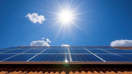 solar panels on a roof, with the sun shining brightly in the sky. 