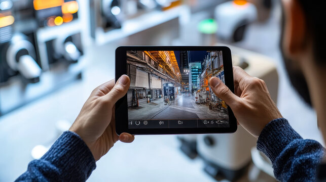 Person Monitoring Industrial Facility on Tablet with Advanced Security Equipment in Modern Setting