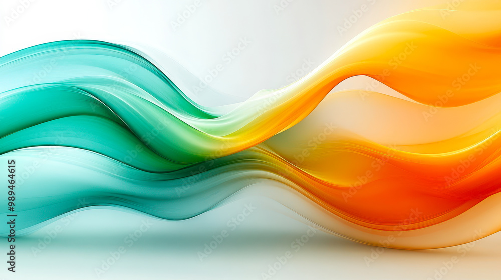 Poster dynamic abstract silky green and orange waves with smooth curves and soft shadows on modern minimali